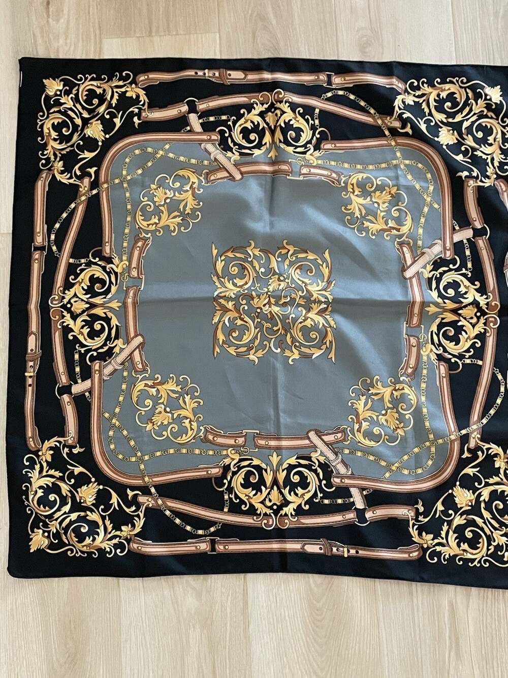 Vintage Silk Look Equestrian Chain Scarf Gray Black Gold Baroque Scroll Print